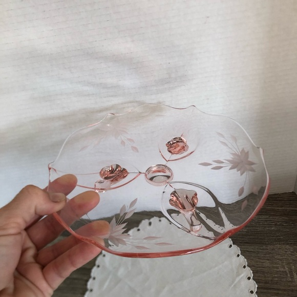 Vtg Pink Glass Footed Serving Tray - Picture 8 of 13